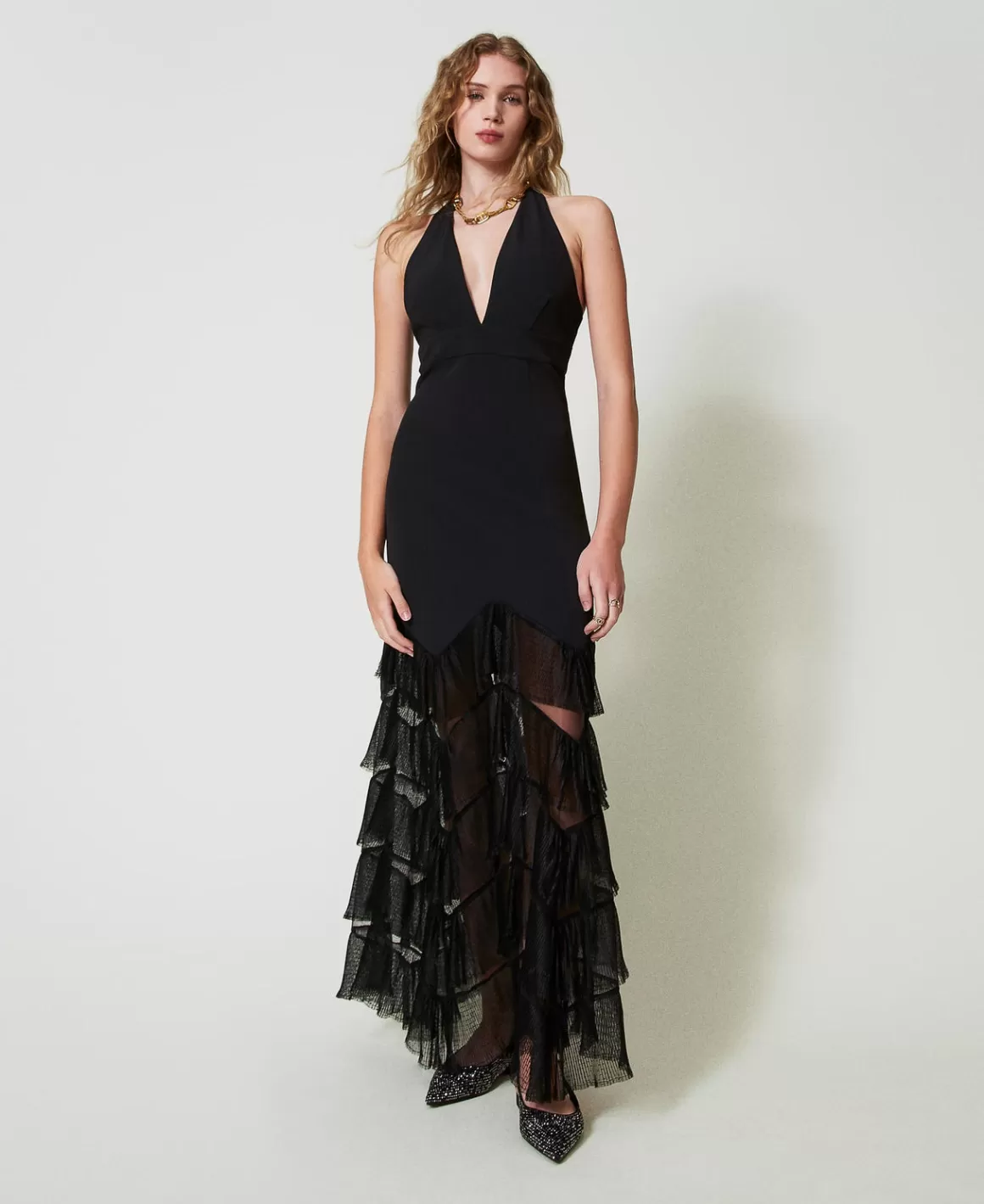 TWINSET Milano Robes De Cérémonie | Robes Élégantes*Robe Longue Avec Encolure Licou Et Volants Plissés En Tulle Noir