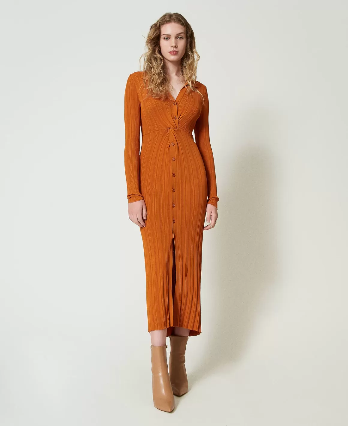 TWINSET Milano Robes En Maille | Robes Longues*Robe Longue En Maille Avec Fronce Orange « Tanné »