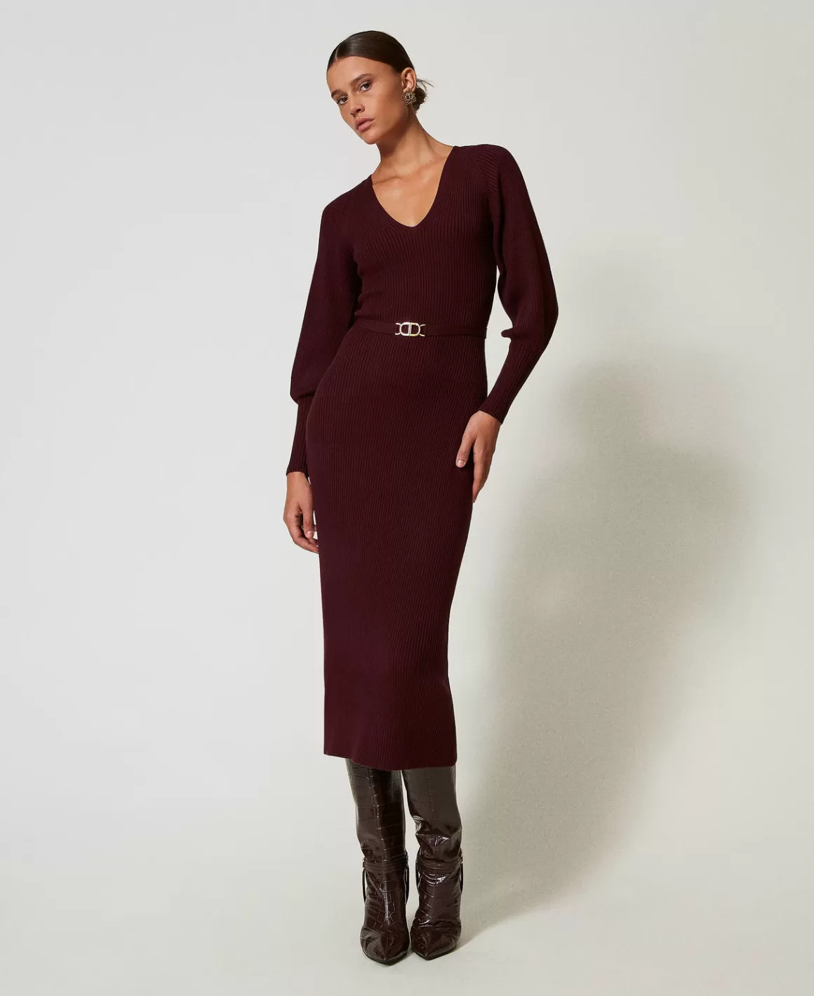 TWINSET Milano Robes En Maille | Robes Longues*Robe Longue En Maille Côtelée Avec Ceinture Rouge « Plum Wine »