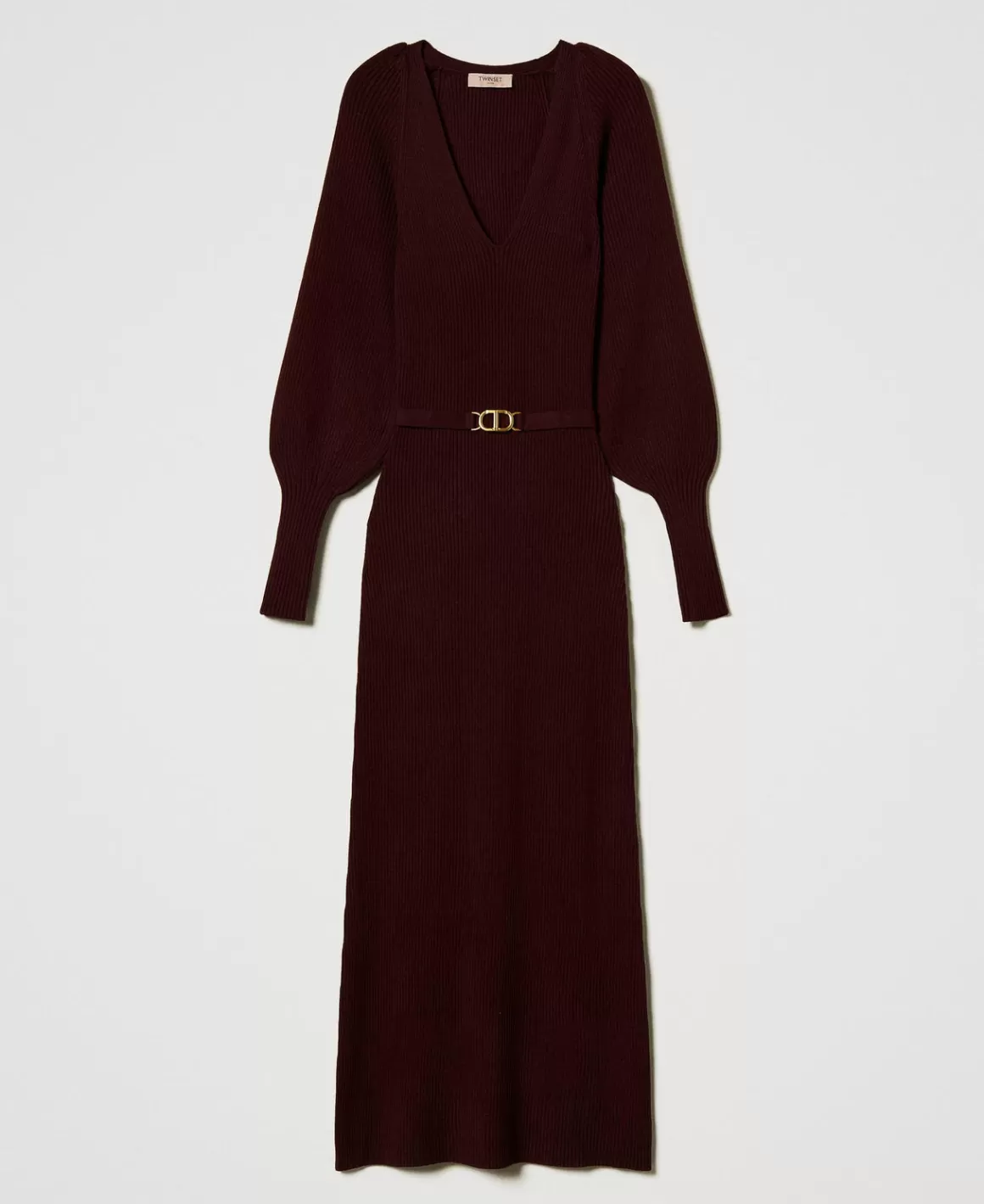 TWINSET Milano Robes En Maille | Robes Longues*Robe Longue En Maille Côtelée Avec Ceinture Rouge « Plum Wine »