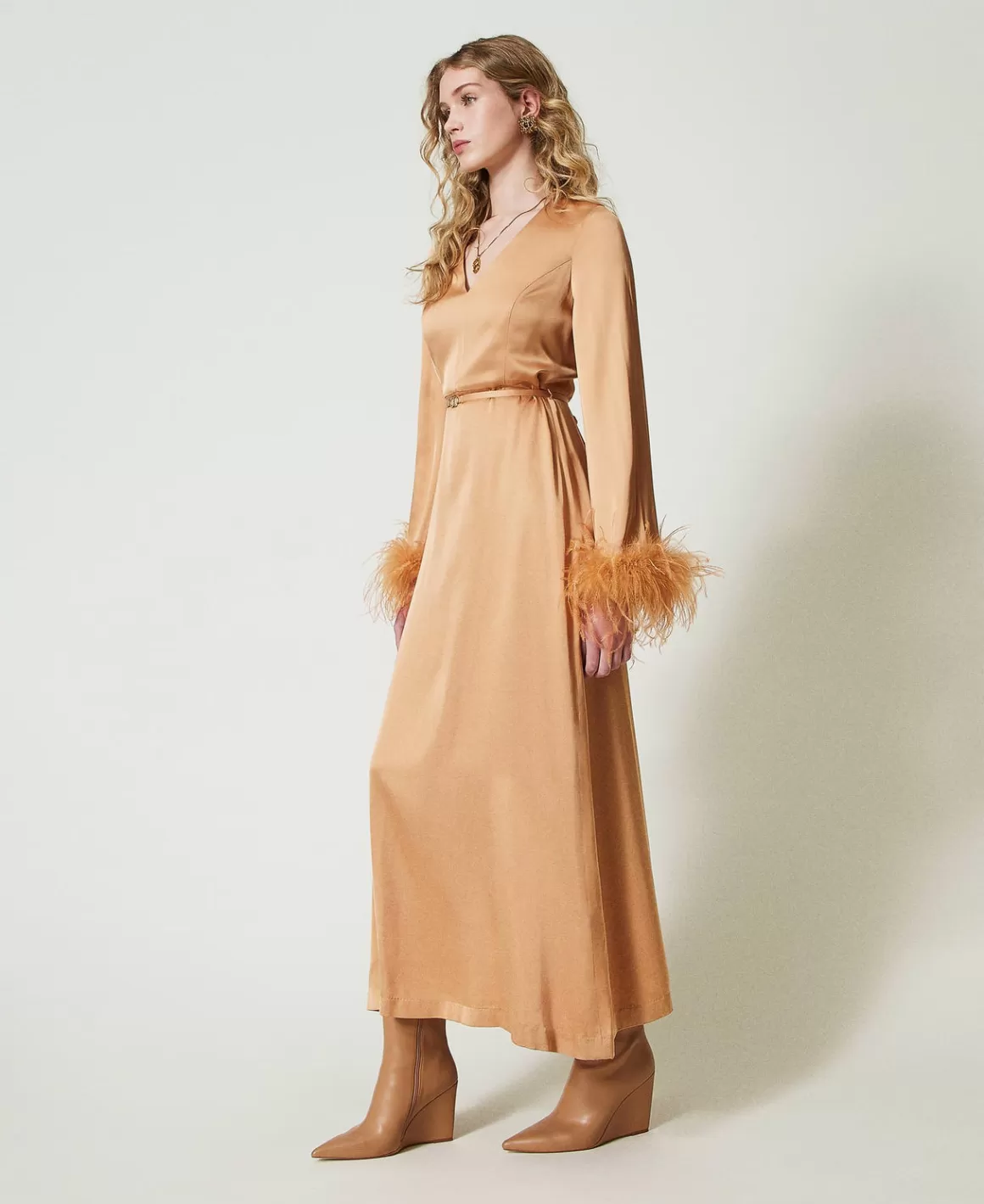 TWINSET Milano Robes De Cérémonie | Robes Élégantes*Robe Longue En Satin Avec Plumes Orange « Bubbly »