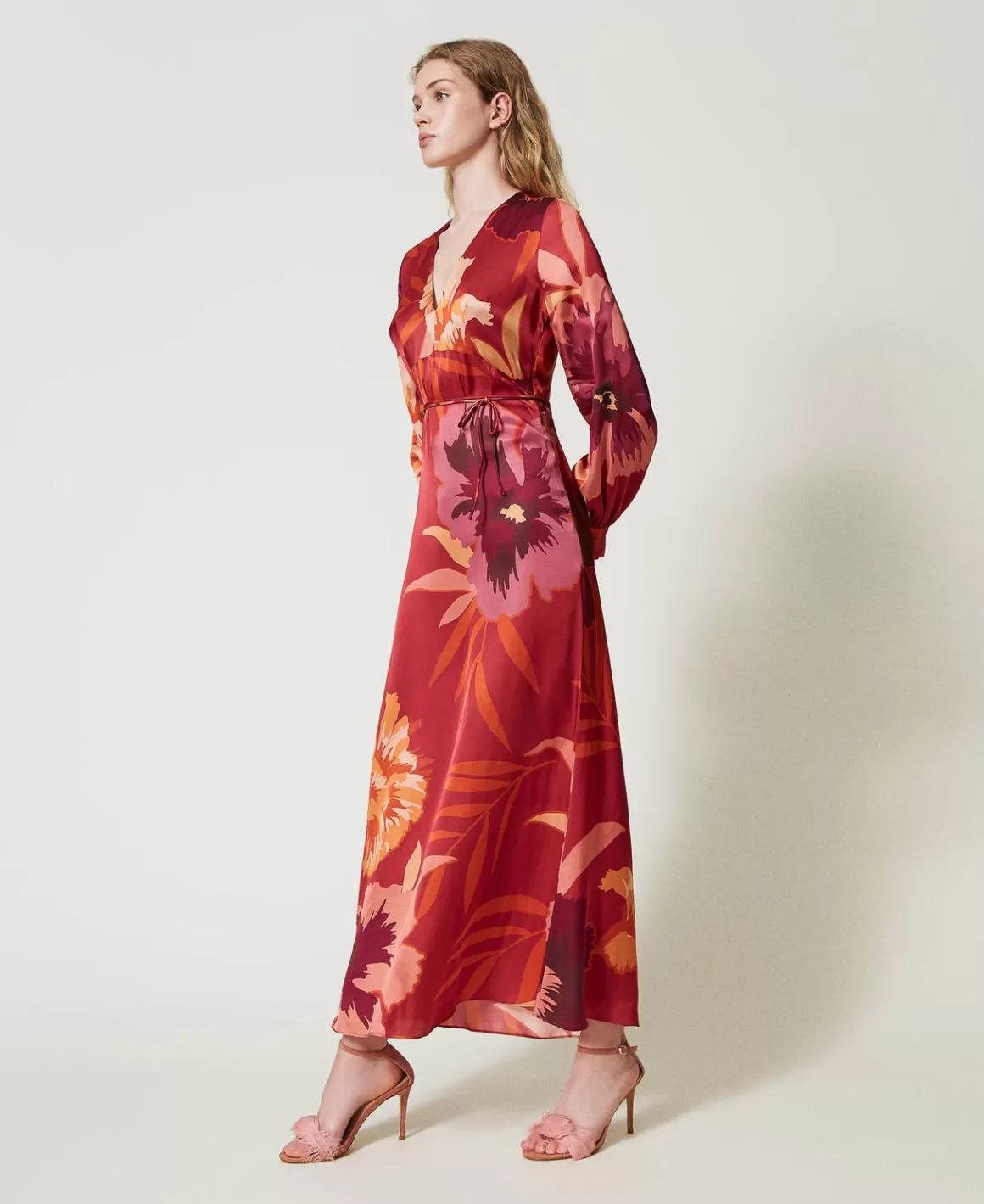 TWINSET Milano Robes De Cérémonie | Robes Élégantes*Robe Longue En Satin Floral Grandes Fleurs Rouge/Red Plum