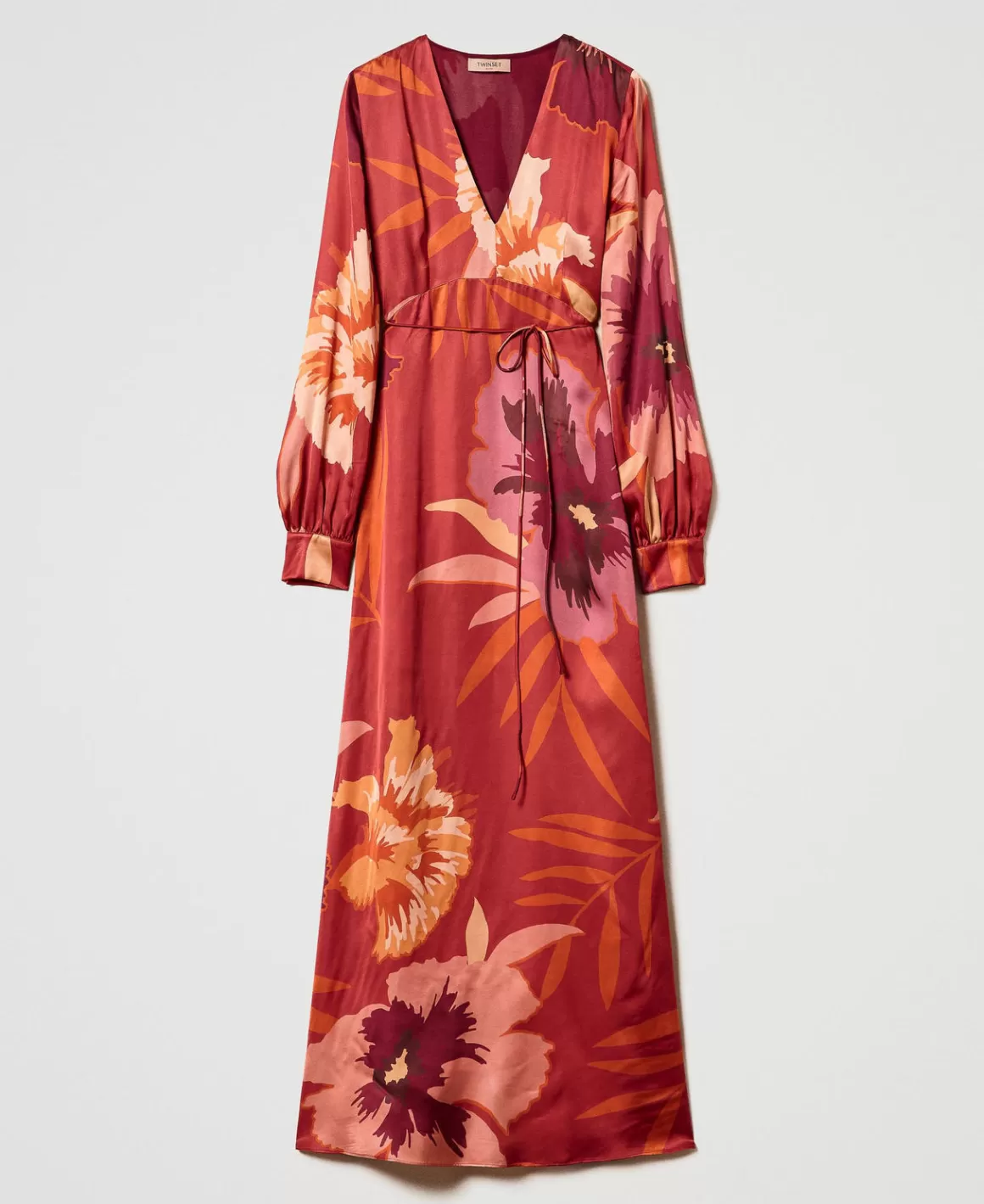 TWINSET Milano Robes De Cérémonie | Robes Élégantes*Robe Longue En Satin Floral Grandes Fleurs Rouge/Red Plum