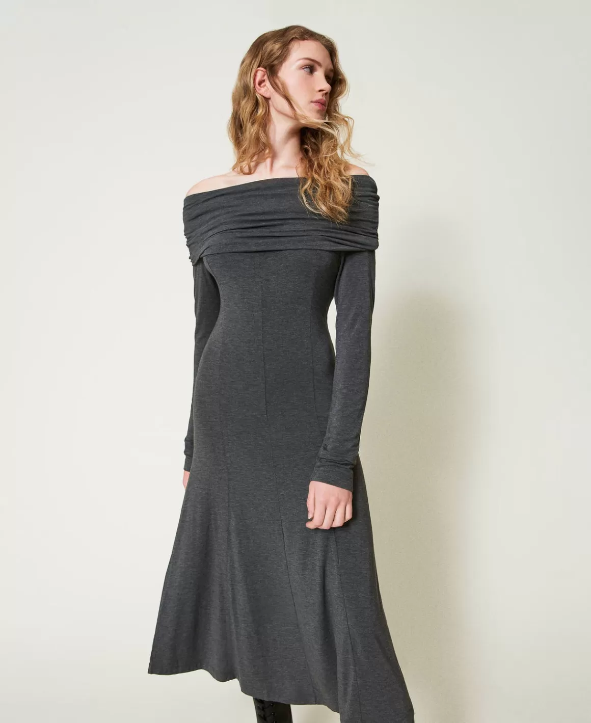 TWINSET Milano Robes Midi*Robe Midi En Jersey Avec Broderie Siglée Gris Anthracite Chiné