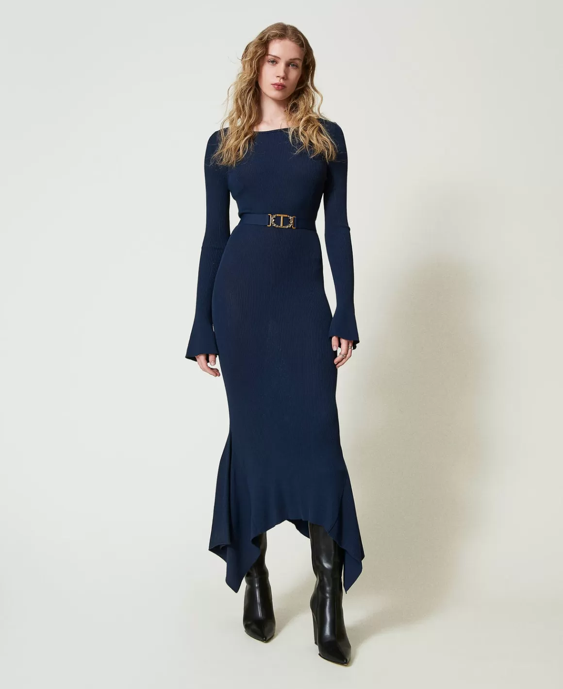 TWINSET Milano Robes De Cérémonie | Robes Élégantes*Robe Midi En Maille Avec Ceinture Et Volant Indigo