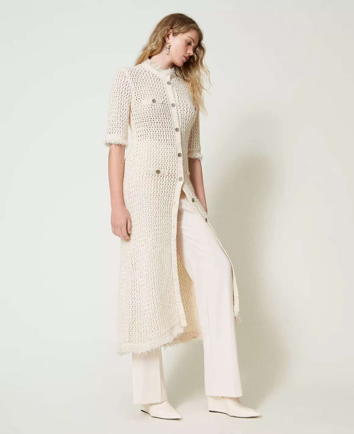 TWINSET Milano Pulls Et Cardigans | Robes De Cérémonie*Robe-cardigan En Maille Jacquard Point Filet Blanc « Old White »