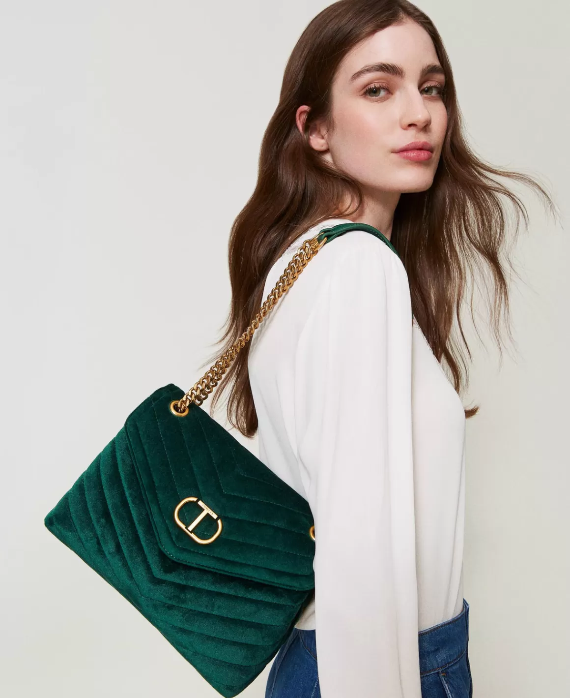 TWINSET Milano Sacs Porté Épaule | Sacs À Bandoulière*Sac à Bandoulière «Dreamy» Moyen En Velours Vert « Monstera Green »