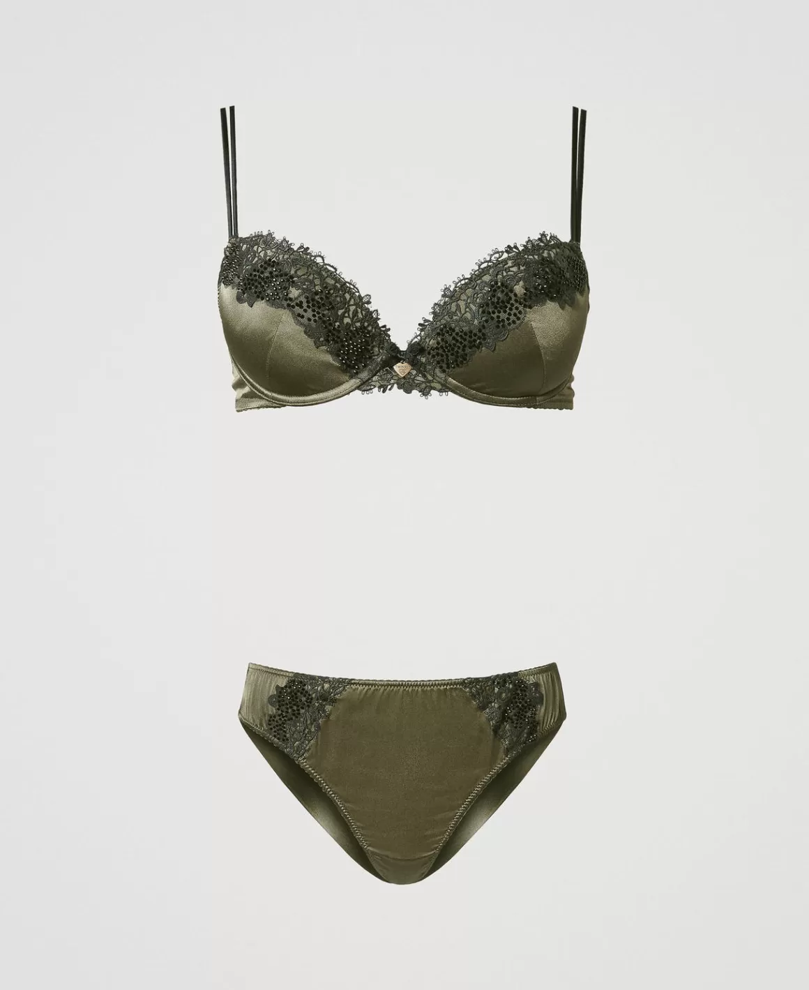 TWINSET Milano Sous-Vêtements Et Vêtements De Nuit*Soutien-gorge Push-up Et Slip Brésilien En Soie Bicolore Green Moss/Blackout