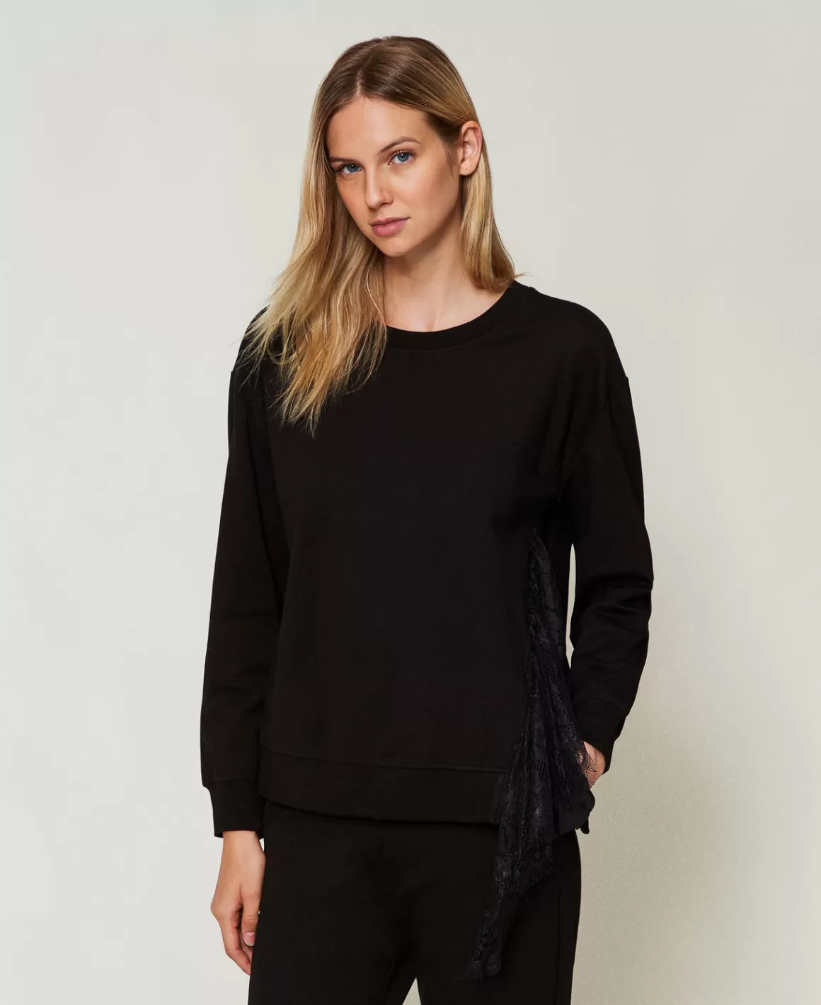 TWINSET Milano Sweat-Shirts*Sweat-shirt Avec Insertion Plissée Et Dentelle Noir