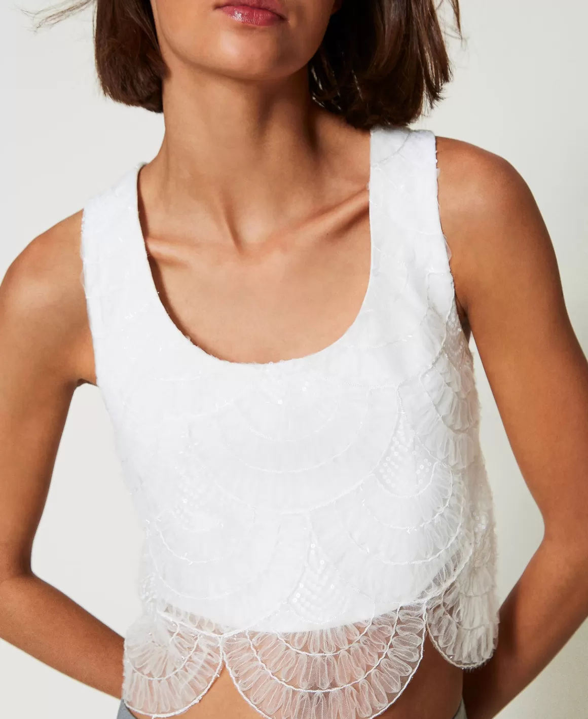 TWINSET Milano T-Shirts Et Tops*Top En Crêpe Cady Et Organza Brodé Crème White