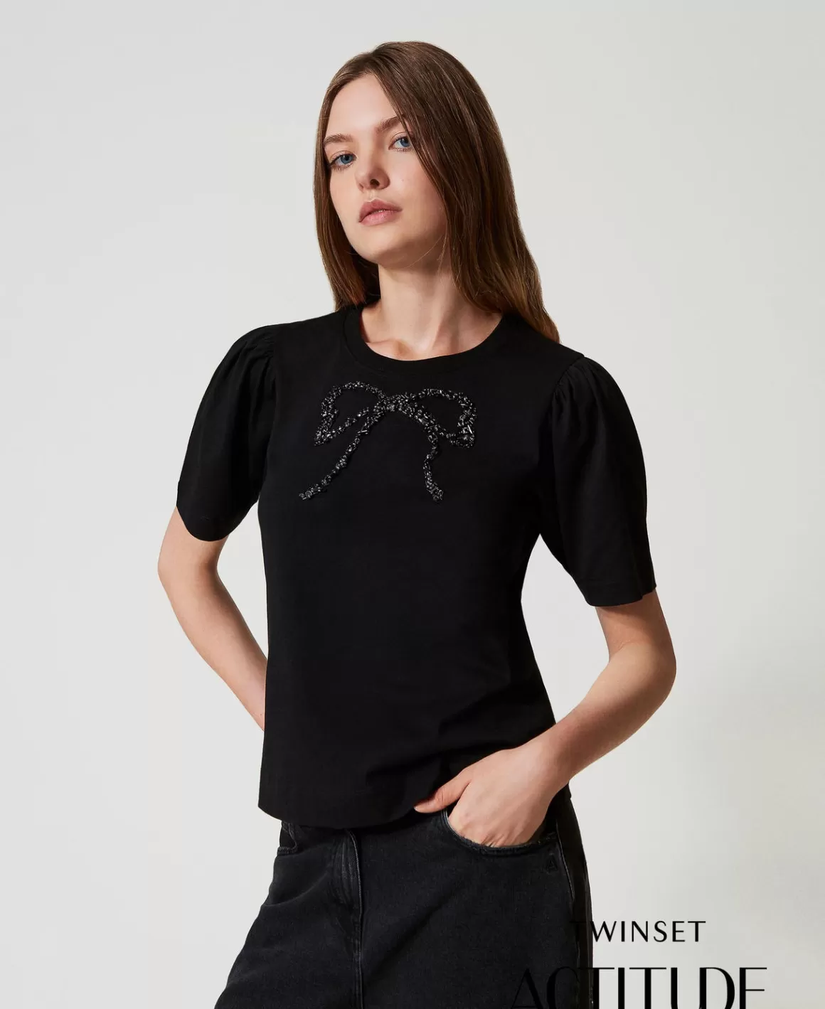 TWINSET Milano T-Shirts Et Tops*T-shirt Avec Broderie En Nœud Noir