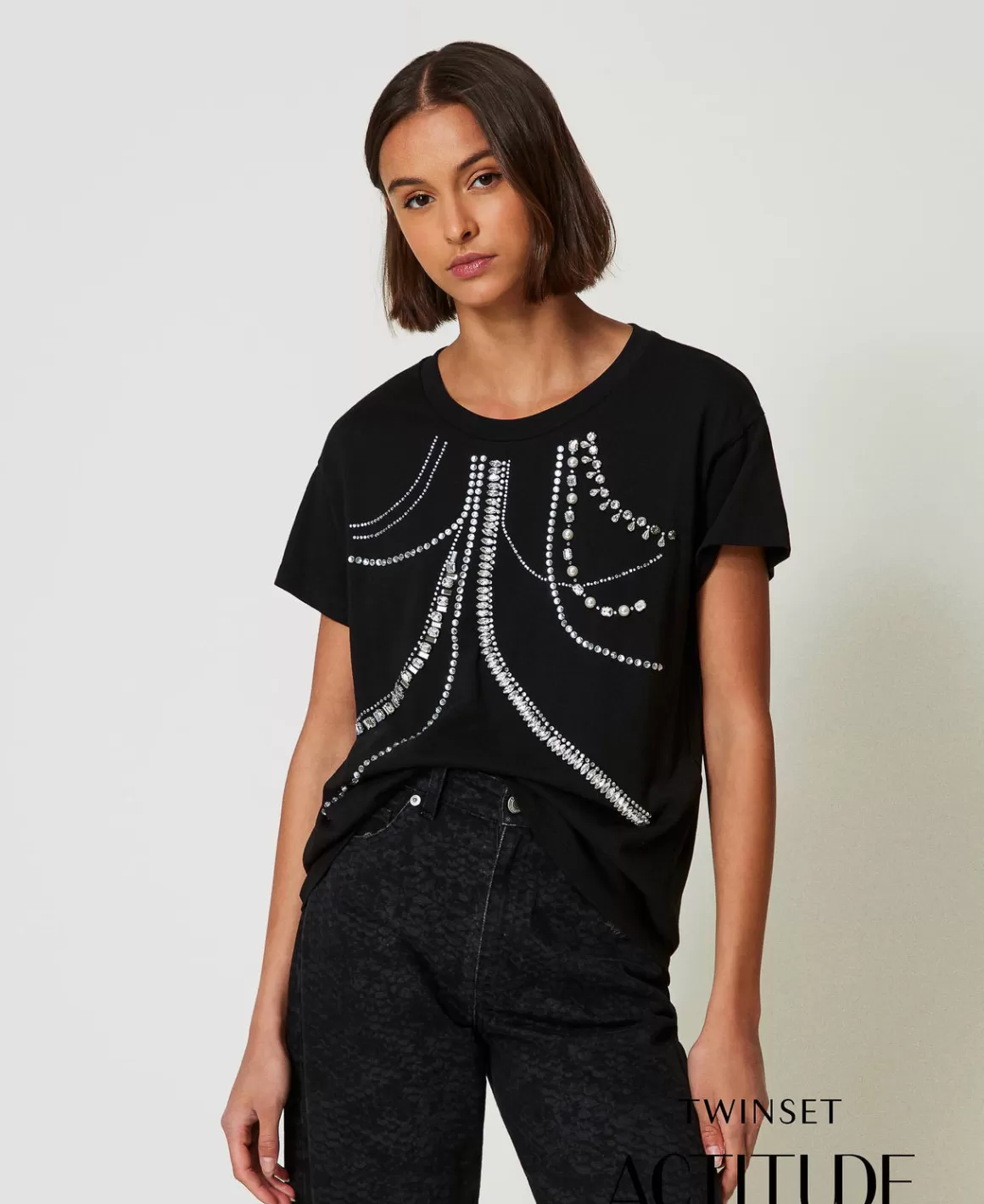 TWINSET Milano T-Shirts Et Tops*T-shirt Avec Broderies Et Perles Noir