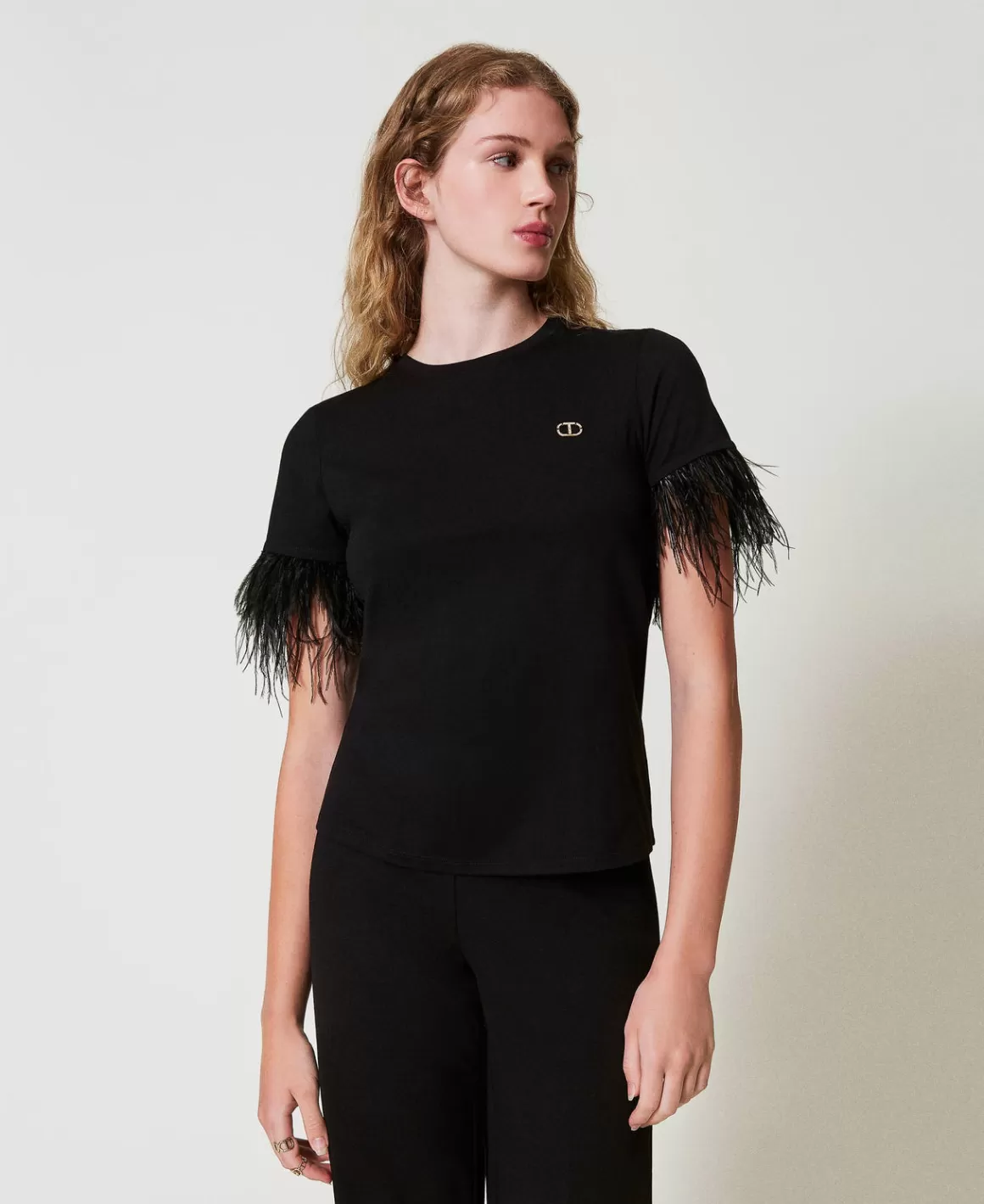 TWINSET Milano T-Shirts Et Tops*T-shirt Avec Logo Oval T Et Plumes Noir