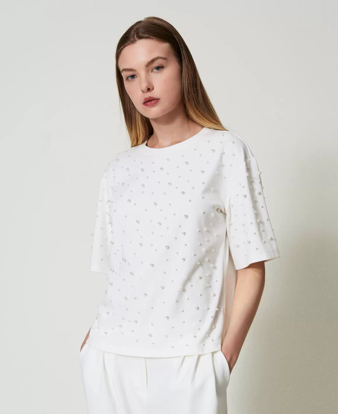 TWINSET Milano T-Shirts Et Tops*T-shirt Avec Perles Blanc Antique White