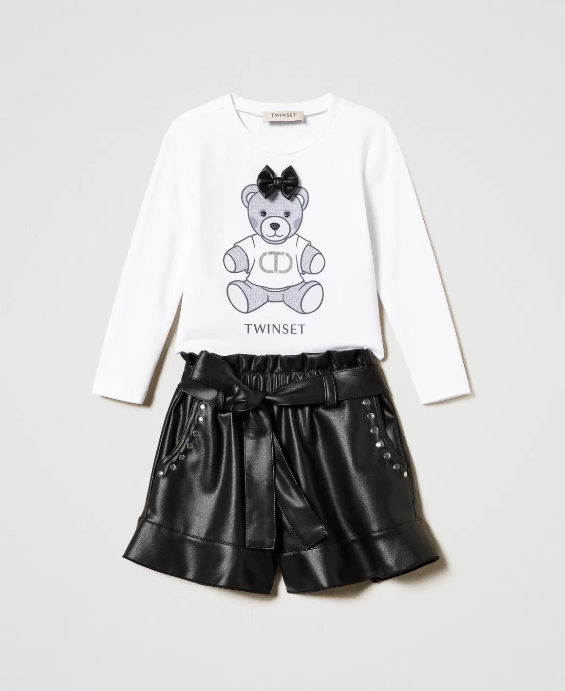 TWINSET Milano Pantalons Et Jeans | T-Shirts Et Tops*T-shirt Imprimé Et Short Volanté Bicolore Blanc Cassé / Noir