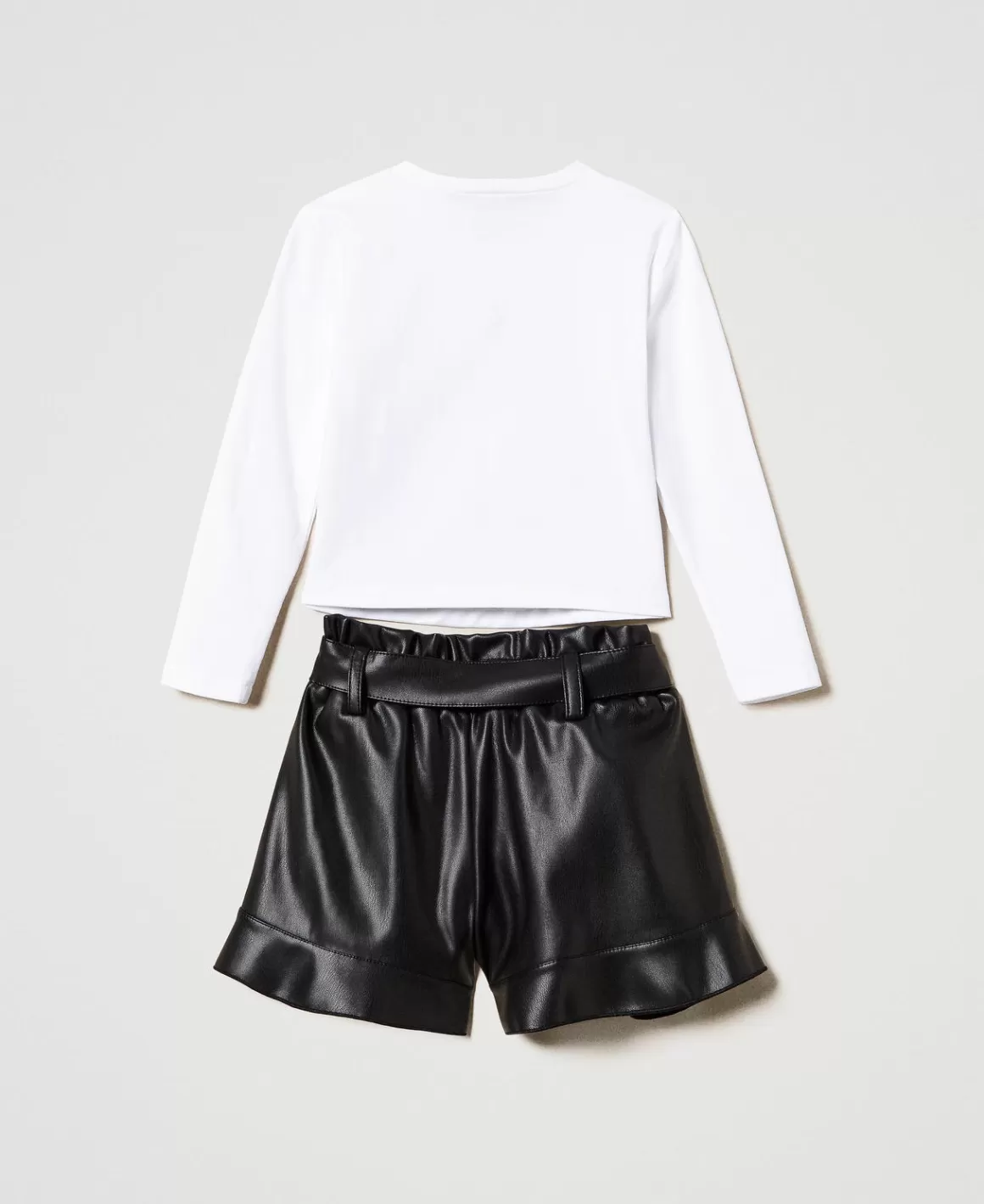 TWINSET Milano Pantalons Et Jeans | T-Shirts Et Tops*T-shirt Imprimé Et Short Volanté Bicolore Blanc Cassé / Noir